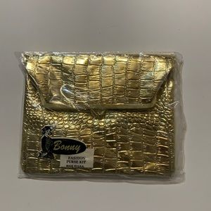 Vintage Lunch Purse, Bonny Travel Accessory, Gold Faux Snakeskin, Kiss Closure